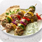 Chimichurri Pork Lemon & Veggie Kababs with Pita and Tzatziki Sauce