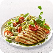 Grilled Italian-Style Chicken Breast with Charred Tomatoes & Creamy Pesto Fettuccine