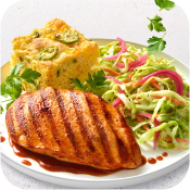 Grilled Smoky BBQ Chicken Breast with Jalapeño-Cheesy Cornbread & Broccoli Slaw
