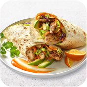 Orange Chicken Tortilla Wrap with Shredded Veggies, Avocado & Sesame Ginger Dressing
