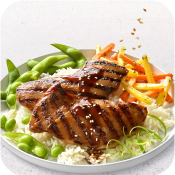 Grilled Teriyaki-Style Chicken Thighs with Rice, Edamame & Sautéed Carrots