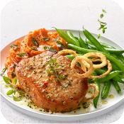 Garlic Herb Pork Loin Chop with Mashed Sweet Potato, Sage Butter & Green Beans