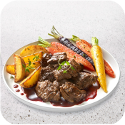 Balsamic Peppercorn Beef Sirloin Tips with Roast Veggies & Red Wine Pan Sauce